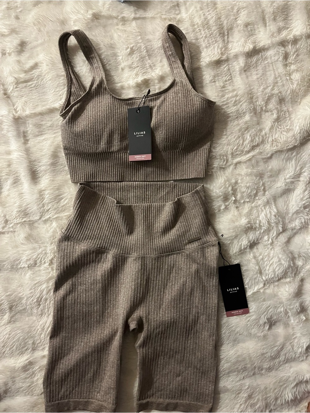Ribbed High-Waist Biker Shorts & Crop Tank Set in Taupe